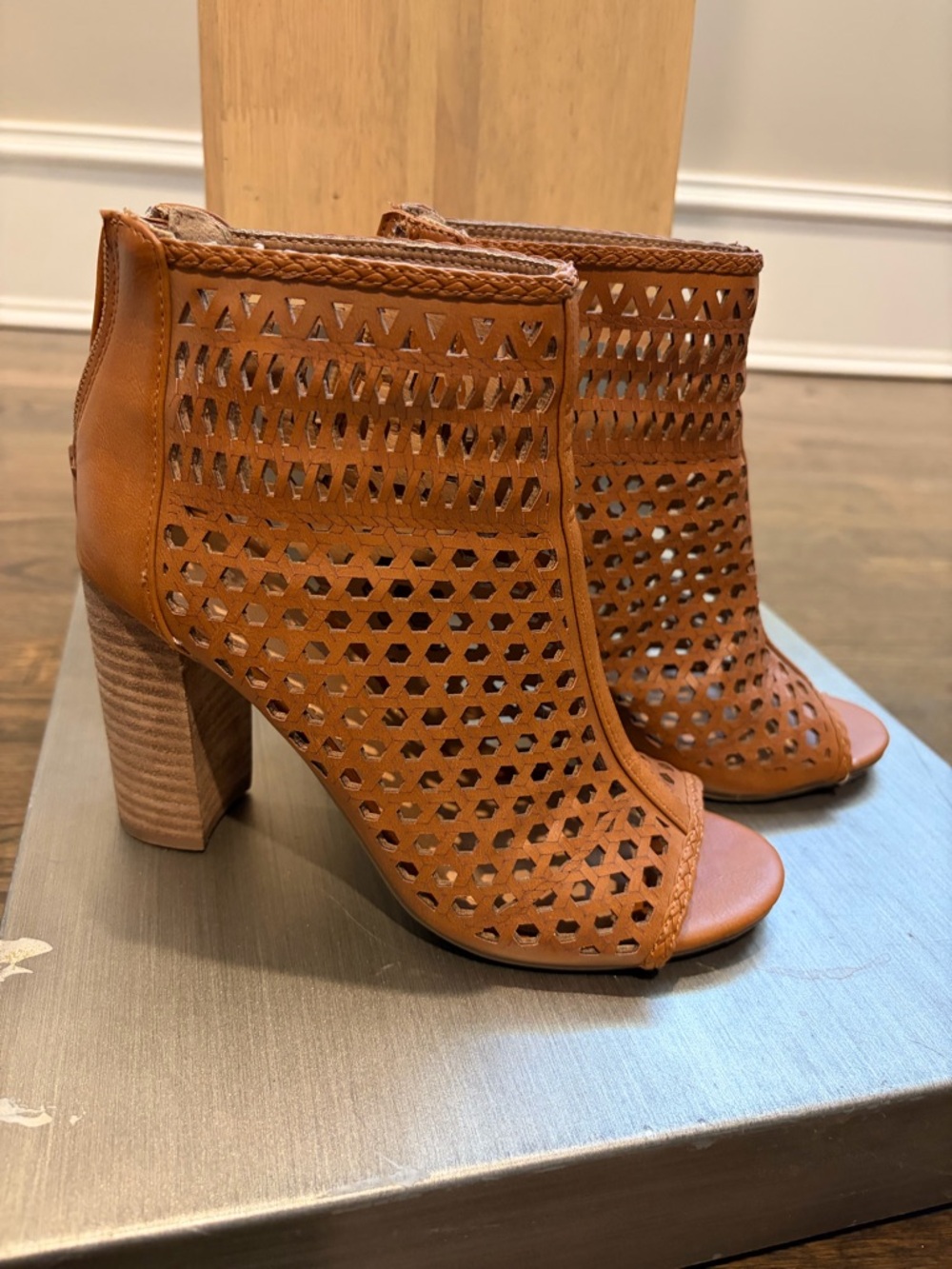 Report Tan Perforated Peep-Toe Block Heel Booties